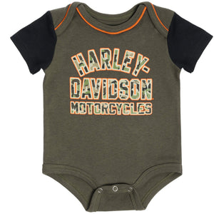 Harley Davidson baby onesie with black sleeves on a white background