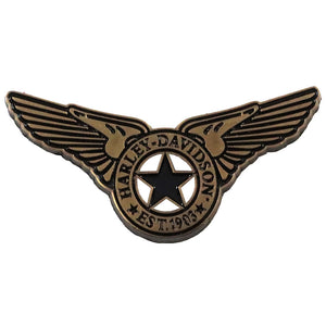 Harley-Davidson wings pin with a black star in the center and 'HARLEY-DAVIDSON EST. 1903' text, shown on a plain white background.
