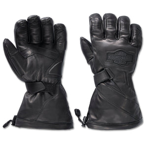 Pair of black leather gloves with a visible hARLEY-DAVIDSON logo on a white background