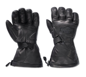 Pair of black leather gloves with a visible hARLEY-DAVIDSON logo on a white background