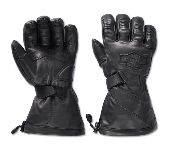 Pair of black leather gloves with a visible hARLEY-DAVIDSON logo on a white background