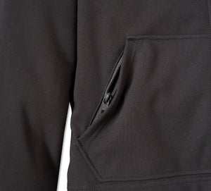 Close-up of a dark gray jacket with a zipper pocket on a white background