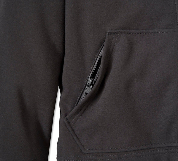 Close-up of a dark gray jacket with a zipper pocket on a white background