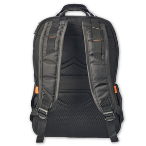 The back view of a black backpack with padded shoulder straps, a breathable mesh back panel, and small orange accent details, shown on a plain white background.