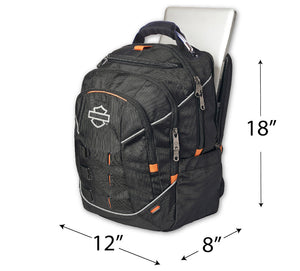 Black backpack with orange accents and a Harley-Davidson logo, shown with a laptop inside and dimension arrows indicating 18 inches tall, 12 inches wide, and 8 inches deep, on a white background.