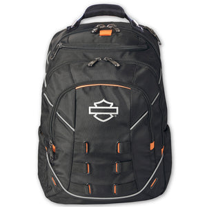 A black backpack with orange accents and a white Harley-Davidson logo on the front, shown against a plain white background.