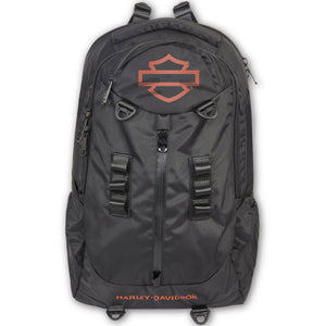 A black Harley-Davidson backpack with an orange logo on the front, shown against a plain white background.