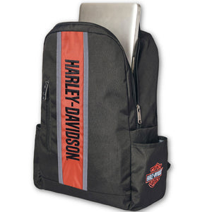 A black Harley-Davidson laptop backpack with a vertical orange stripe on the front featuring the brand name in black, a silver laptop partially inserted, and a small Harley-Davidson logo patch on the front pocket, shown on a white background.