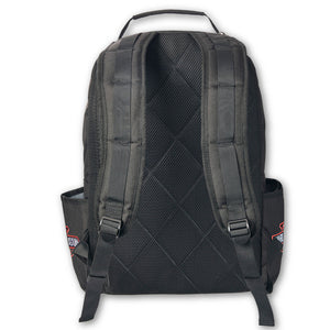 Black padded backpack shown from the back, featuring a textured mesh back panel, adjustable shoulder straps, side pockets, and a top carry handle on a white background.