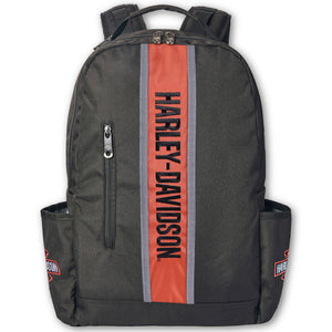 A dark gray Harley-Davidson backpack with a prominent vertical orange stripe on the front featuring the brand name in black text, set against a plain white background.