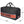 Black Harley-Davidson duffel bag with a wide orange and gray stripe featuring the brand name in black, shown with dimension arrows and labels indicating 22 inches wide, 10 inches deep, and 12 inches high.
