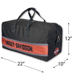 Black Harley-Davidson duffel bag with a wide orange and gray stripe featuring the brand name in black, shown with dimension arrows and labels indicating 22 inches wide, 10 inches deep, and 12 inches high.