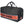 A black Harley-Davidson duffel bag with a wide orange-red stripe across the front featuring the brand name in black, plus a small Harley-Davidson logo patch on the lower right corner, shown on a plain white background.