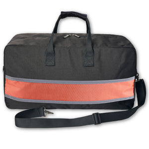 A black duffel bag with a wide orange horizontal stripe and gray trim details, featuring dual top handles and an adjustable shoulder strap, shown against a plain white background.