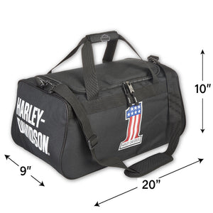 Black Harley-Davidson duffel bag with white brand lettering and a red, white, and blue flag graphic on the front, shown with dimension arrows and labels indicating 9 inches, 10 inches, and 20 inches.