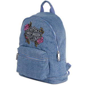 Blue denim backpack with Harley-Davidson logo on a white background