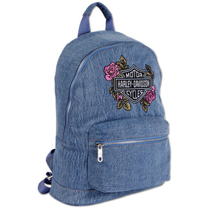 Harley-Davidson Bar & Shield Roses 17" x 13" Washed Denim Backpack, Blue 91330-DENIM