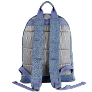 The back view of a backpack featuring a textured blue fabric body, a gray mesh back panel, and blue padded shoulder straps, shown against a plain white background.