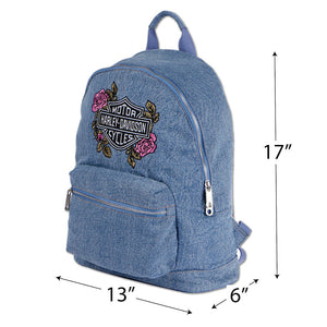 Harley-Davidson Bar & Shield Roses 17" x 13" Washed Denim Backpack, Blue 91330-DENIM