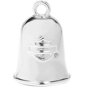 Silver bell with a logo on a white background