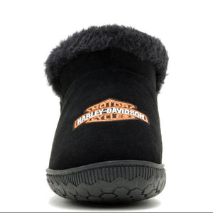 Black slipper with fur lining and Harley-Davidson logo on a white background