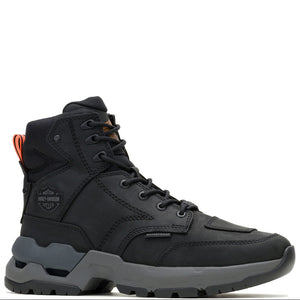 A black high-top tactical boot with gray sole details and a small orange pull tab, shown from a side profile on a white background.