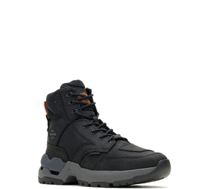 A black mid-cut tactical boot with gray sole details and a small orange accent near the heel, shown from a side profile on a white background.
