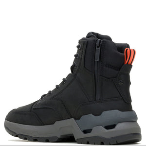 A black mid-top lace-up boot with a side zipper, dark gray sole, and bright orange pull tabs on the heel, shown from a side profile on a white background.
