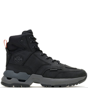 A black high-top motorcycle boot with a chunky gray sole, featuring a small Harley-Davidson logo on the side and a small orange pull tab on the heel, shown against a plain white background.