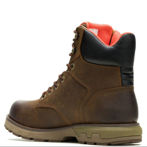 A brown leather lace-up work boot with a black heel counter, a bright orange interior lining, and a rugged tan sole, shown from a side profile on a white background.