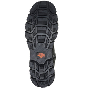 A top-down view of a black rugged tire treaded shoe sole, featuring a small orange Harley-Davidson logo near the rear, set against a plain white background.