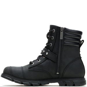 A black leather lace-up ankle boot with a side zipper, shown from a side profile view against a plain white background.