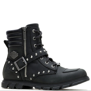 A black leather ankle boot with silver hardware, featuring a side zipper, lace-up front, studded straps, and a buckle detail, shown against a plain white background.