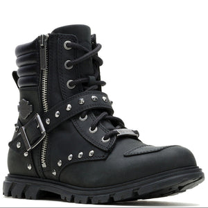 A black leather lace-up ankle boot with silver metal studs, buckles, and a side zipper, shown from a three-quarters angle on a white background.
