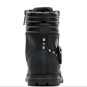 A black leather ankle boot with silver-tone hardware, including studs, a buckle, and a zipper pull, shown from a rear three-quarter view against a plain white background.
