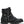 A black leather motorcycle-style ankle boot with silver hardware, including studs, buckles, and a Harley-Davidson logo patch, shown on a plain white background.
