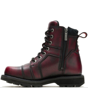 A dark red leather lace-up ankle boot with a black side zipper, black laces, and a black sole, shown from a side profile on a white background.