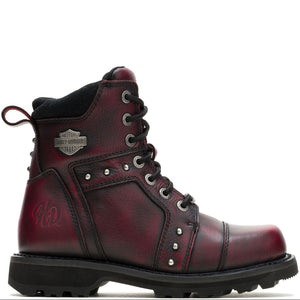 A dark red distressed leather ankle boot with a black sole, black laces, silver metal eyelets and studs, and a silver Harley-Davidson bar and shield logo on the side.