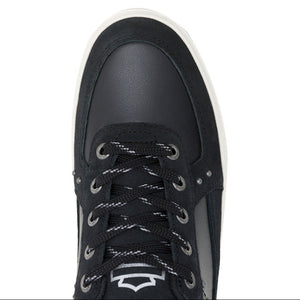 A top-down view of a black leather sneaker with white laces and a white sole, shown against a plain white background.