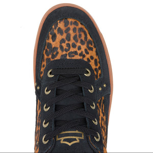 A top-down view of a low-top sneaker featuring a brown and black leopard print pattern on the toe box, black suede overlays, black laces, and a brown gum sole, set against a plain white background.