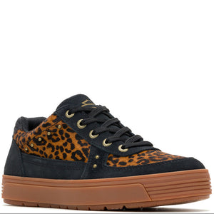 A low-top platform sneaker featuring a black suede upper with a brown and black leopard print overlay, black laces, and a thick brown gum sole.