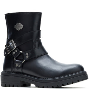 A black leather motorcycle boot featuring a silver-tone Harley-Davidson bar and shield logo on the side, dual buckle straps, and a chunky lug sole, shown against a plain white background.