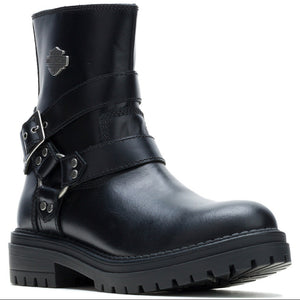 A black leather ankle boot with multiple strap buckles, a chunky lug sole, and a metallic Harley-Davidson logo on the side, shown against a plain white background.