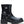 A black leather motorcycle boot with a silver Harley-Davidson logo on the side, featuring a buckle strap detail and a chunky lug sole, shown against a plain white background.