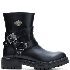 A black leather motorcycle boot with a silver Harley-Davidson logo on the side, featuring a buckle strap detail and a chunky lug sole, shown against a plain white background.