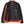 A black zip-up jacket with a quilted black lining and vibrant orange accents on the inner collar, side panels, hem, and pocket trim. The jacket is displayed flat against a solid white background.