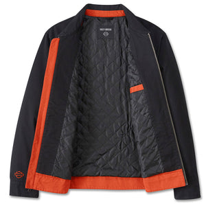 A black zip-up jacket with a quilted black lining and vibrant orange accents on the inner collar, side panels, hem, and pocket trim. The jacket is displayed flat against a solid white background.