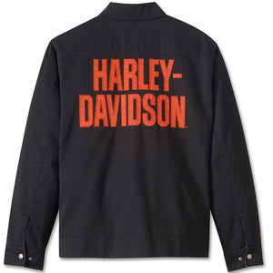 Black jacket with red 'Harley-Davidson' text on the back against a white background