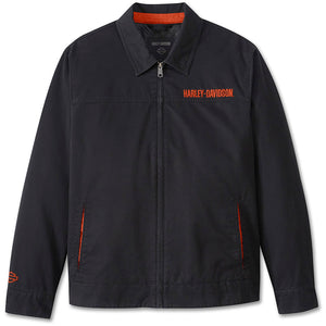 Black jacket with red accents and 'Harley-Davidson' logo on a white background