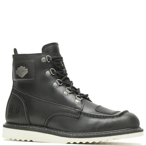 A black leather motorcycle boot with a silver Harley-Davidson logo on the side, featuring a white sole, photographed against a solid white background.